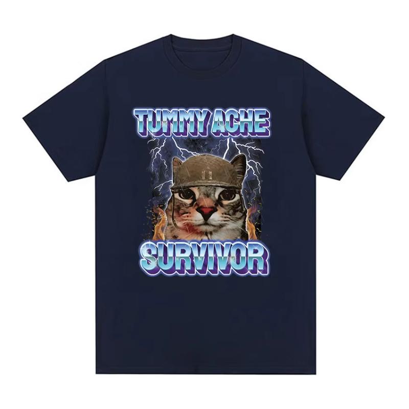 Vintage Bauchweh-Überlebender Lustiges Katzen-Meme T-Shirt Unisex Damenbekleidung Mode Kurzarm-T-Shirt Lässig Reine Baumwolle T-Shirts
