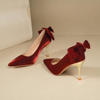 Fashion Women's Thin Heel Single Shoes Autumn New Pointed Head Shallow Mouth Butterfly Knot High Heels Wedding Shoes