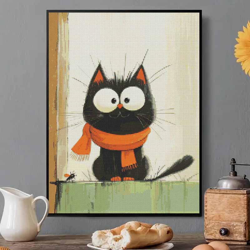 DIY Full Drill Diamond Painting Kit Cute Black Cat Wearing Orange Scarf Rhinestone Art Canvas for Cozy Home Decor Gift Wall Art Decor