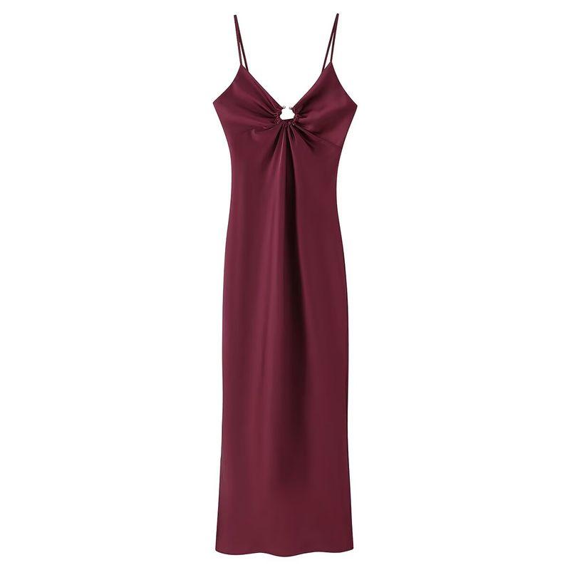 Kaslead New Arrival Women's Clothing Fashion Style Fashion Long Cut Out Decoration Satin Sling Dress