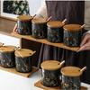 Kitchen seasoning tools ceramic seasoning jar set marble pattern cruet bamboo tray kitchen supplies seasoning box salt shaker