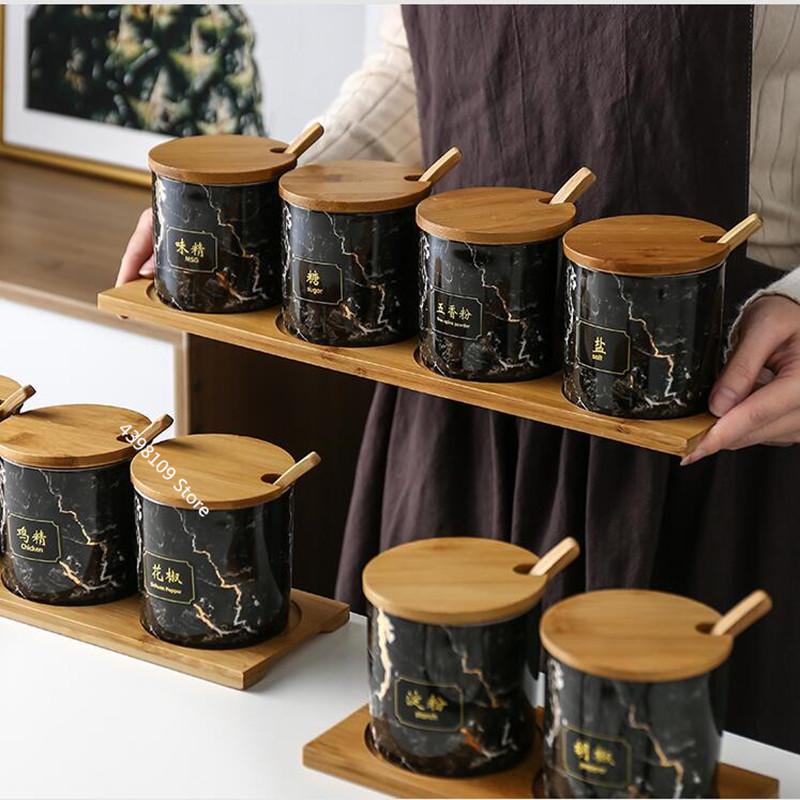 Kitchen seasoning tools ceramic seasoning jar set marble pattern cruet bamboo tray kitchen supplies seasoning box salt shaker