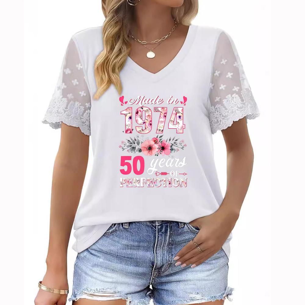 Plus Size Women's Summer V-Neck T-Shirt with Short Sleeves, Floral Print, and Lace Sleeves