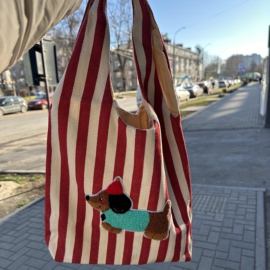 A Stylish and Casual Striped Tote Bag Featuring a Cute and Fun Dachshund Embroidery Pattern, Durable Bag Has a Nylon Lining, Suitable for Charming