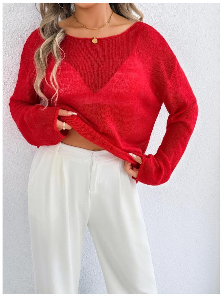 Cross-Border Casual Loose Knit Hollow Sweater: Women's Lightweight Bell Sleeve, Round Neck, Solid Color