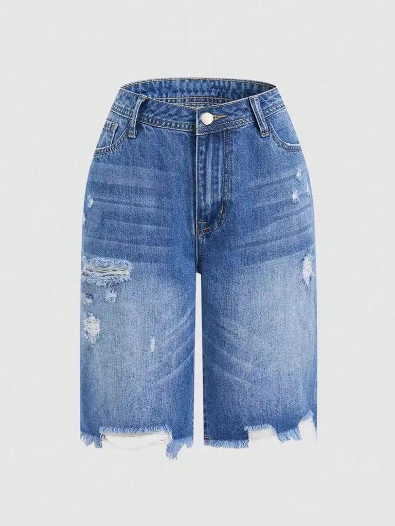 Women's Distressed Denim Bermuda Shorts - Casual Ripped Mid-Length Jeans