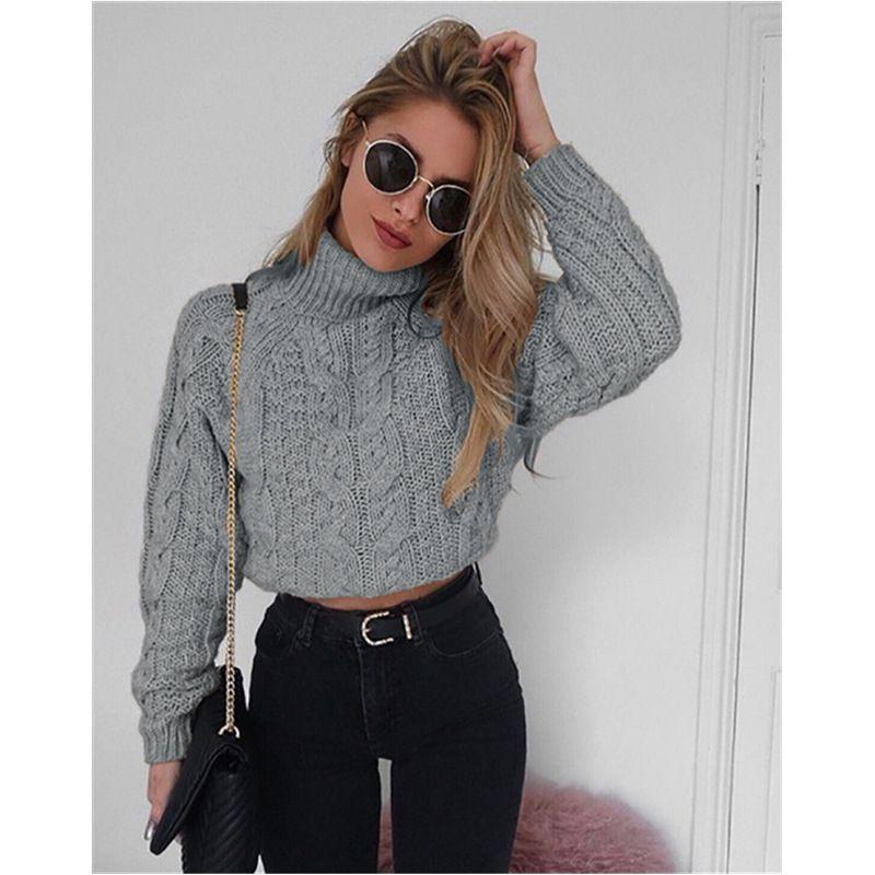 High Collar Knit Long Sleeve Short Top Turtleneck Knitting Long Sleeve Short Top