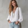 Dames V-hals Lange Mouwen Blouse Effen Kleur Casual Losse Pasvorm Strandvakantie Top