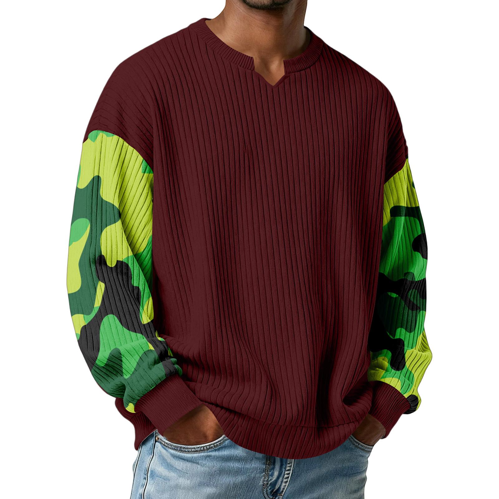 

Men s Camouflage Stylish V-Neck Ribbed Textured Long-Sleeve T-Shirt XL винний