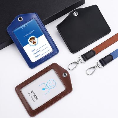 Formal Business ID Badge Holder Durable Real Leather Work Chest Card Pouch with Lanyard Simple Classic Black Stationery
