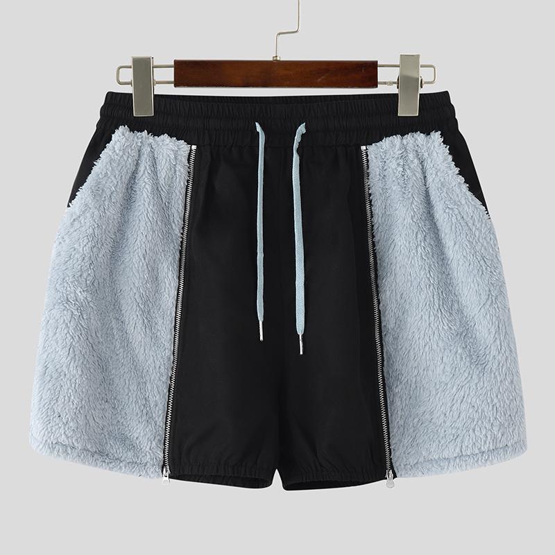 INCERUN Men Drawstring Elastic Waist Furry Patchwork Home Wear Mini Shorts