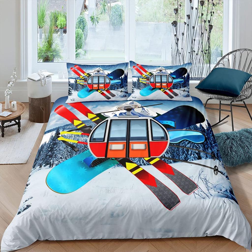Winter Ski Sports King Queen Duvet Cover Snow Skiing Bedding Set Cartoon High Mountain Landscape 2/3 Pcs Blue White Quilt Cover