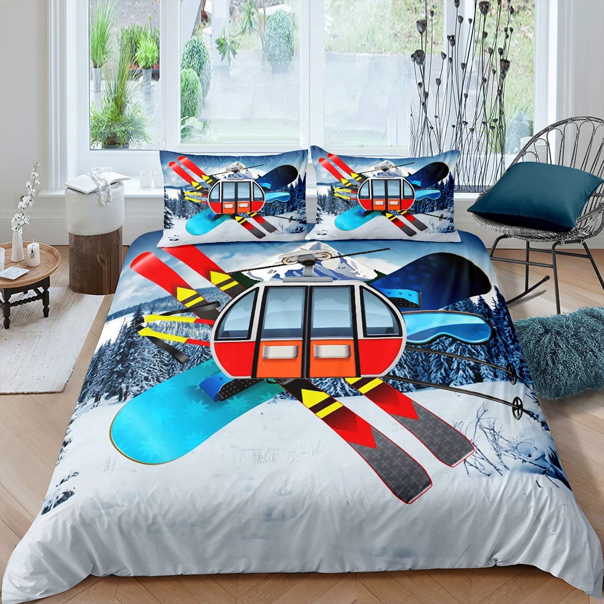 

Comforter Winter Ski Sports King Queen Snow Skiing Bedding Set Cartoon High Mountain Landscape 2/3 Pcs Blue White Comforter (quilt)-EU Single(135*200cm)3pcs