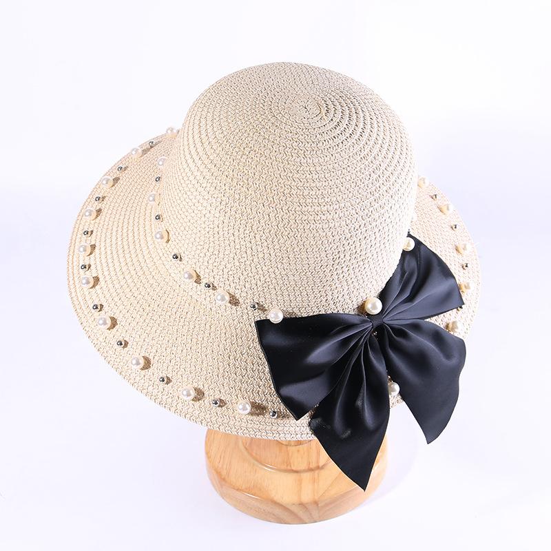 Nuevo Sombrero de Sol de Verano para Mujer Protección UV Paja Perla Moderno Vacaciones en la Playa Protección Solar Casual