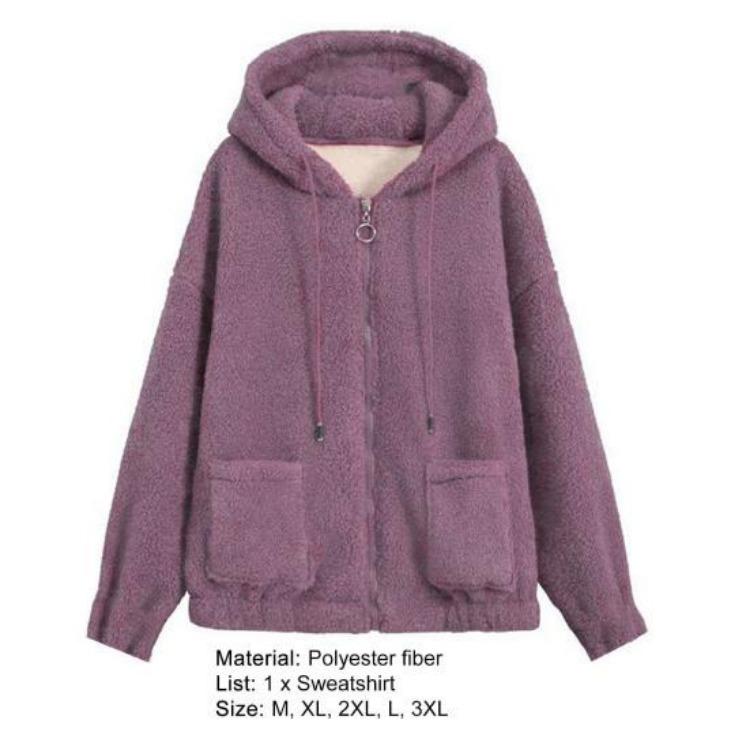 Winter Warm Plush Zipper Cardigan Jacket Women Coat Thick Solid Color Pockets Long Sleeves Loose Outdoor
