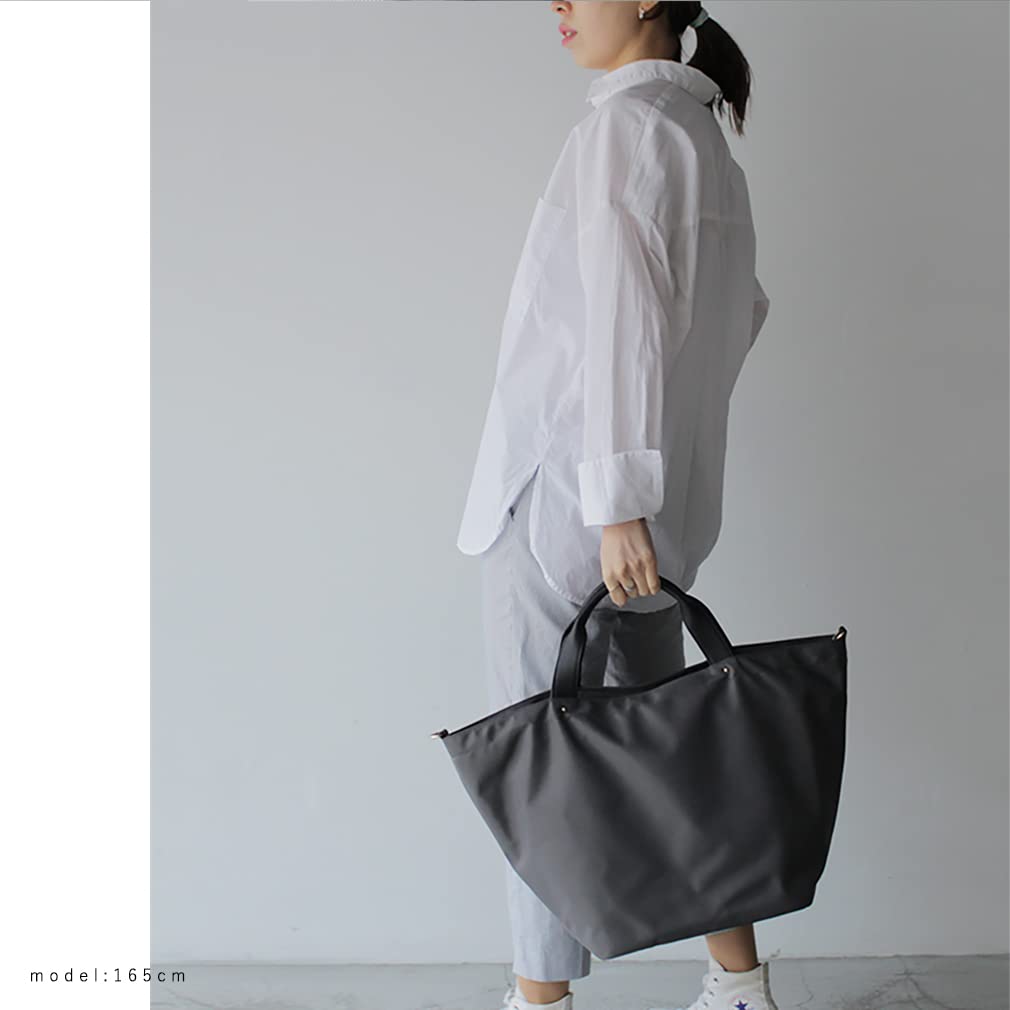 Gratante Genuine Leather Handle 2-Way Large Nylon Tote Bag for Women, Commuter Bag (abb-g0051) (Charcoal)