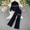 Faionable Knitted Embroidered Striped Set High Waist Wide Leg Pants Zipper Jaet for Women Autumn Season Casual Wear
