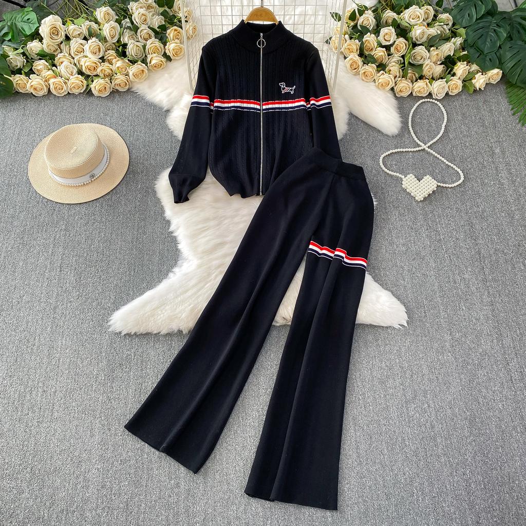 Faionable Knitted Embroidered Striped Set High Waist Wide Leg Pants Zipper Jaet for Women Autumn Season Casual Wear