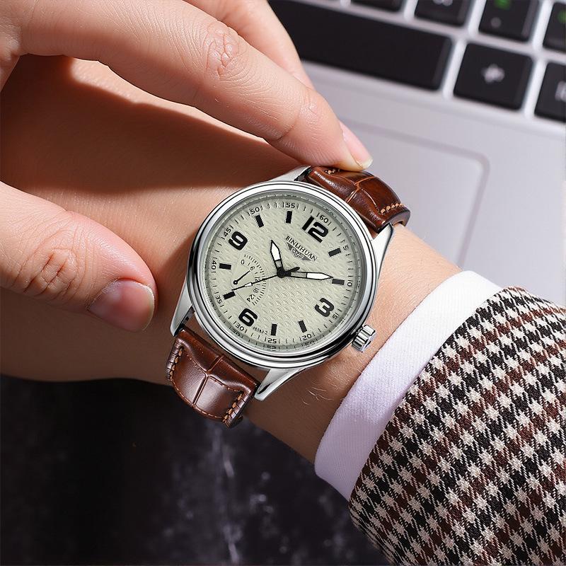 Men's Quartz Movement Clock Leather Strap Watch Number Wristwatch