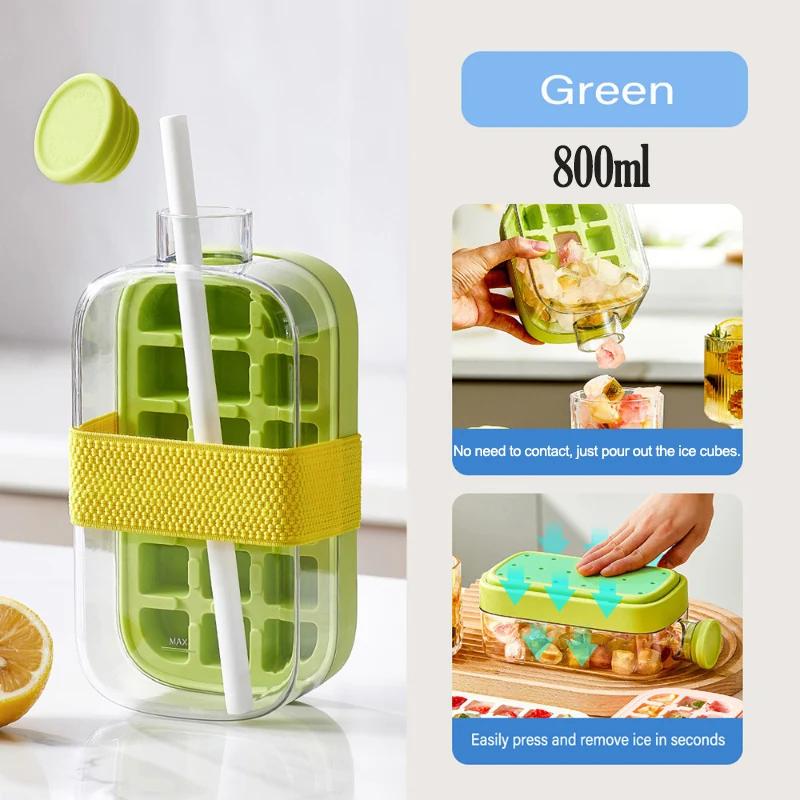 2-in-1 Portable Ice Cube Maker Cold Water Bottle with Straw Silicone Ice Cube Tray Easy Press Demould Zero Contact Ice Cube Mold