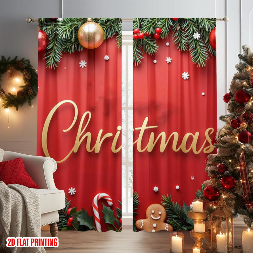 2pcs 2D flat printing Merry Christmas Curtains red Christmas Polyester Without Electricity Party Decorations Use for Home Wall