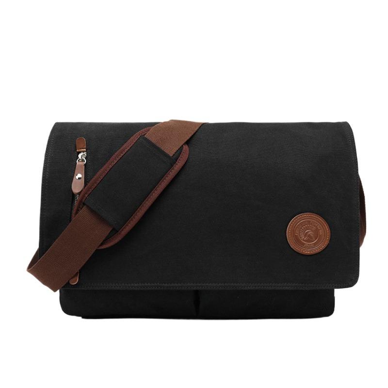 

Мужские сумки на ремне из чистого хлопка в европейском и американском стиле в стиле ретро, модная однотонная кожаная сумка-мессенджер на молнии для деловых поездок, сумка для компьютера чёрный