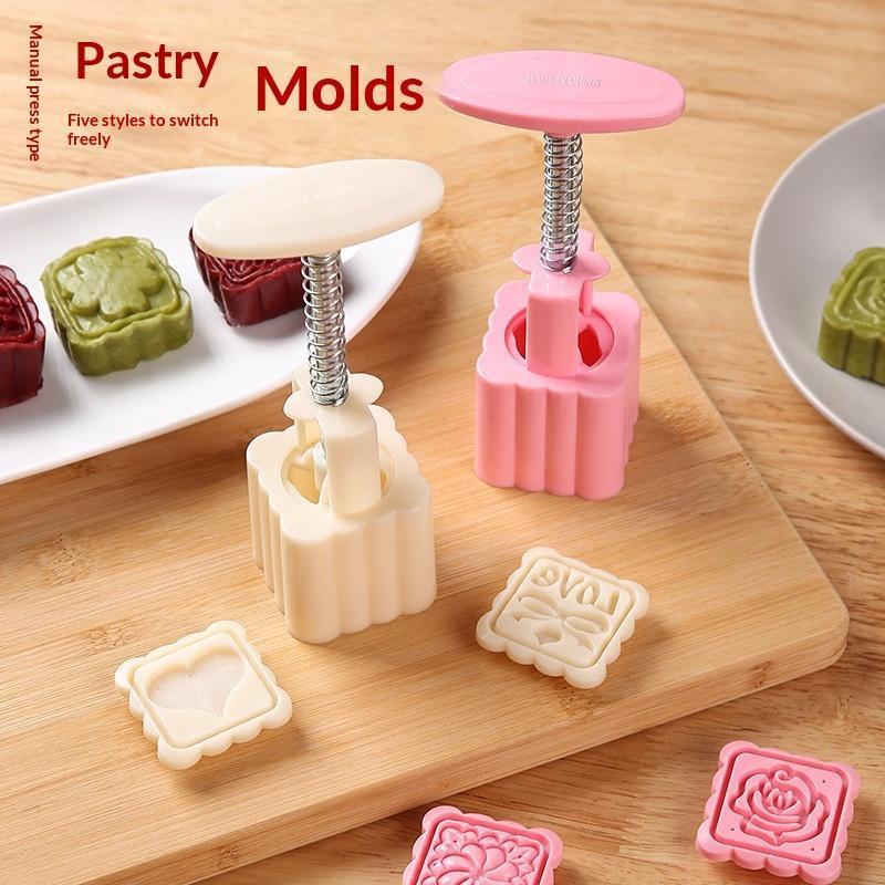 Flower Mooncake Mold Set 1 Mold 5 Stamps Diy Manual Flower Cookie Stamps Mooncake Maker Baking Tool Kitchenware Supplies