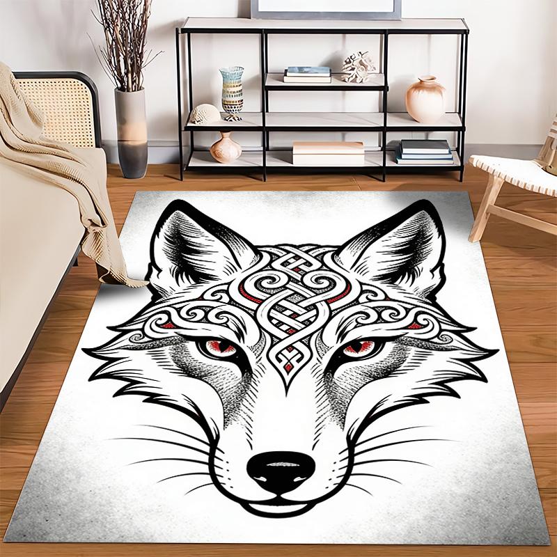 Wolf Head Carpet with Red Eyes and Intricate Tribal Design, Nordic Style Suitable for Use As an Anti-slip for Living Room Bedroom Sofas