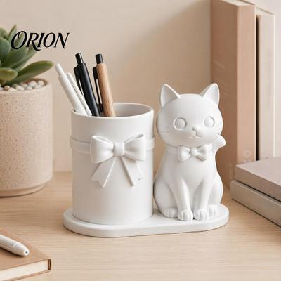 Pure White Cat Organizer Pen Holder, Cute Kitty Desk with Pens, Pencils, Makeup Stable Base Container Brushes, 3D Printed Sculpture for Home