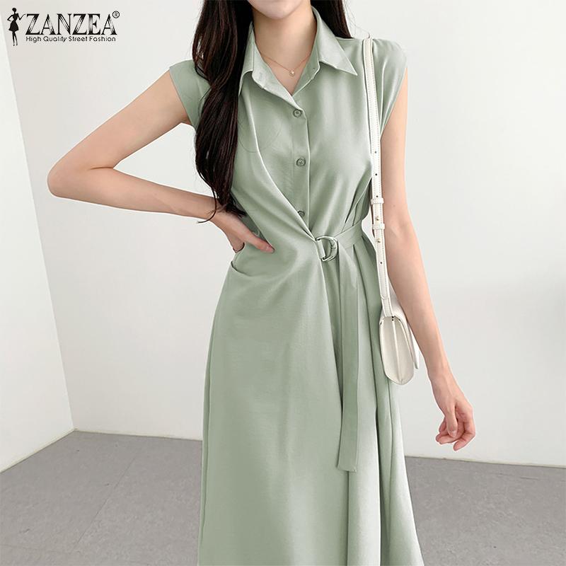 

ZANZEA Летнее повседневное длинное платье с отложным воротником и короткими рукавами