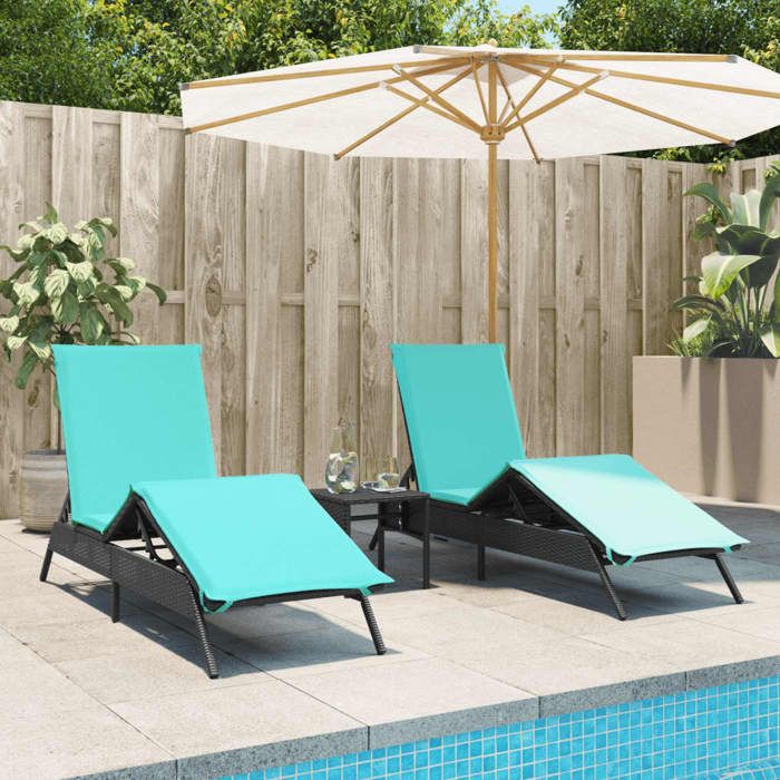 VidaXL Sun Loungers Set of 2 with Table Black Wicker, Sunbed, Garden Daybed, Outdoor Furniture, Chair 4002718