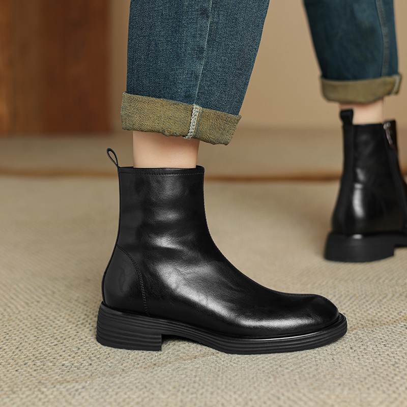 Krazing Pot Boty z kravské kůže podzim zima střední podpatky velikost 43 velikost 42 kulatá špička zip retro kožíšek udržují teplo kotníkové boty
