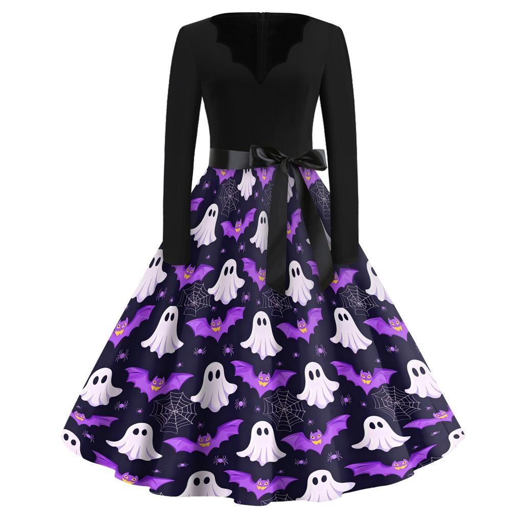 Women's Casual Vintage V Neck Dress Halloween Printed Long Sleeve Retro Style Pumpkin Bat Pattern Full Skirt Dress with Waist Tie