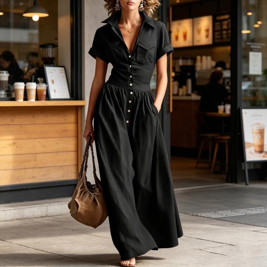 Women Casual Button Down Shirt Dress, Short Sleeve Long Western Cowgirl Dress, Summer Flowy A-Line Maxi Dress with Pockets