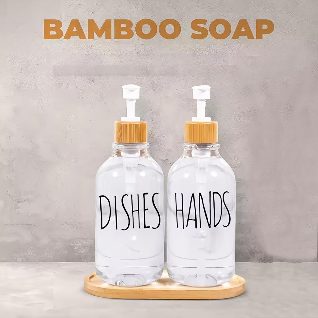 Soap Dispenser Bottle with Trays, Bamboo Lid Soap Bottle with Anti-Rust Pump, Hand Dish Soap Dispenser for Kitchen Shampoo