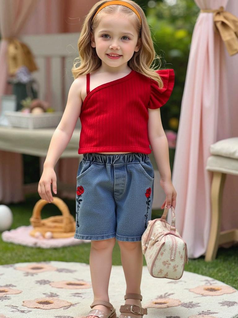 Girls Summer Red Tank Top & Denim Shorts Two-Piece Set
