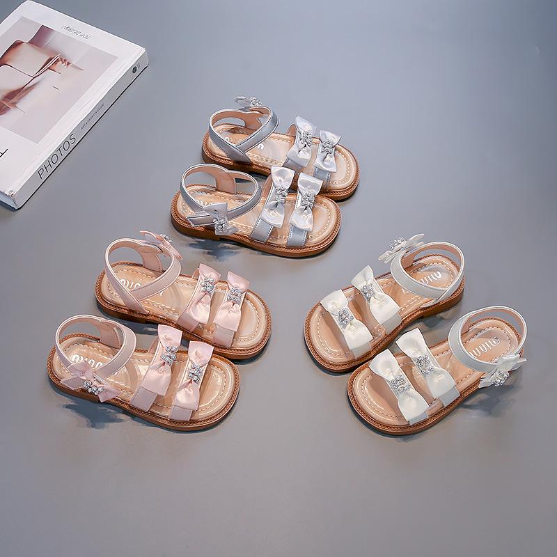 Summer Girls Open Toe Rhinestone Bow Princess Sandals Kids Stage Performance Dress Shoes