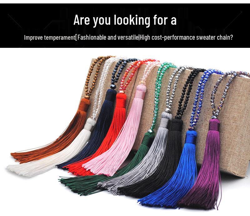 Velvet Thread & Crystal Beaded Tassel Necklace: 10-Color Handmade Women's European & American Long Chain Jewelry