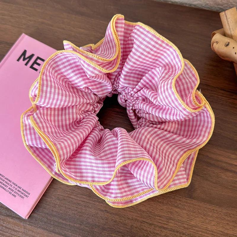 Retro Colorful Lattice Ruffles Hair Scrunchies Headbands for Womens Girls Sweet Romance Hair Rope Rubber Band Hair Accessories
