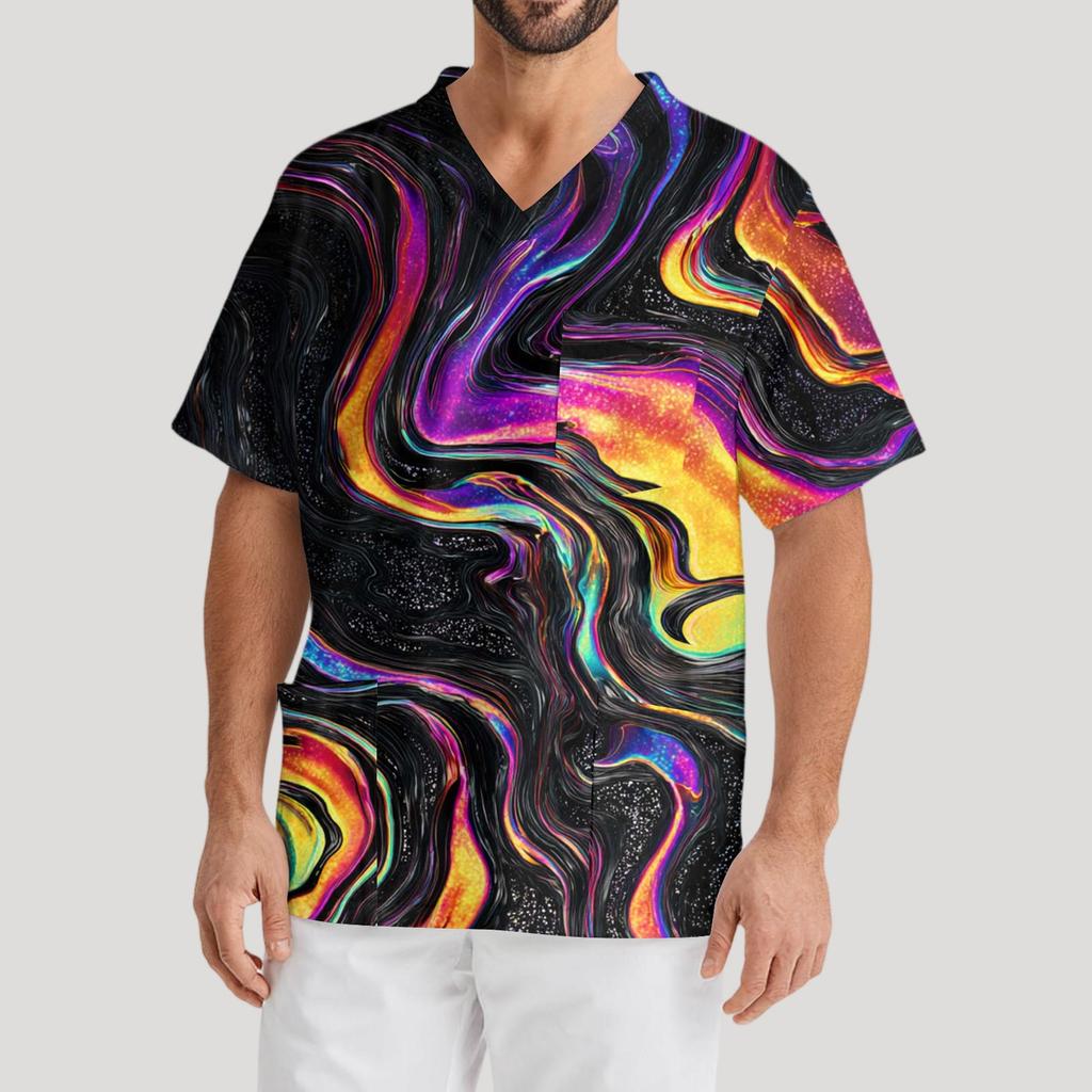 Bedrucktes kurzärmliges Herren-Arbeitsbluse mit V-Ausschnitt und Brusttasche für Pfleger