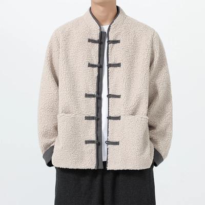Autumn Winter Men Lamb Fur Parkas Man Cotton Padded Jacket Male Vintage Chinese Style Button Warm Coat Stand Collar Outerwear