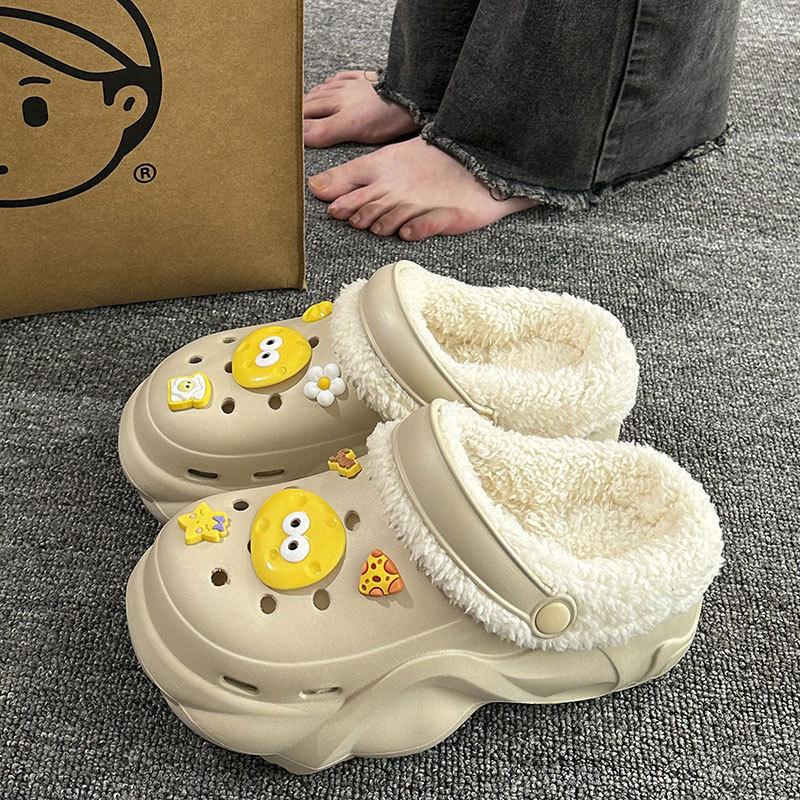 New velvet hole shoes women's winter non-slip outer wear cotton shoes heightened thick-soled home removable cotton slippers