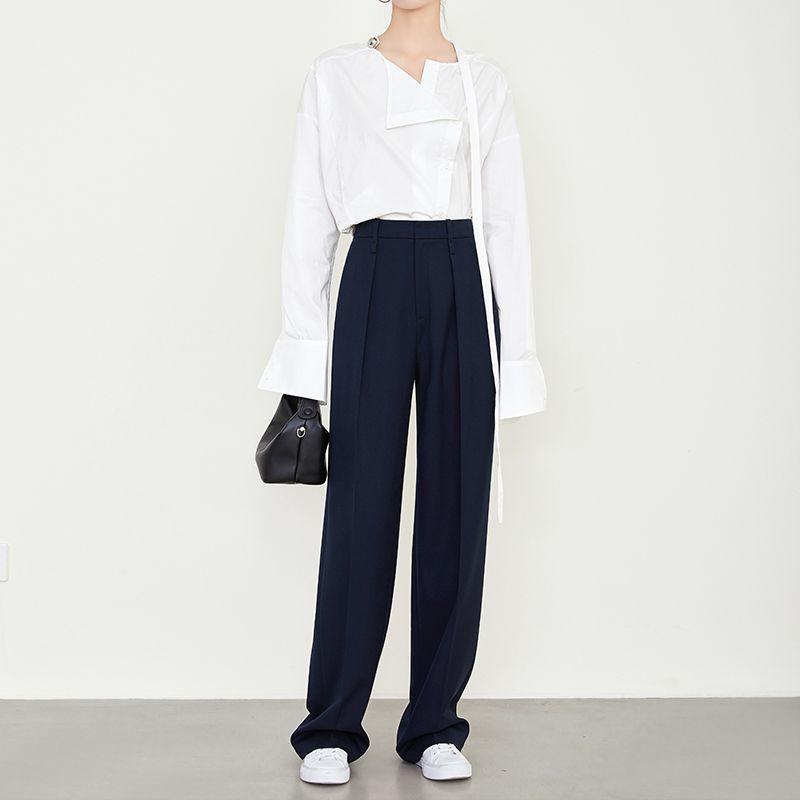 

Summer Moka Dark Blue Suit Pants Slim Looking High Waist Loose Pants Extended Version Woollen Trousers Old Money Style Pants for Women 7530 Navy blue S