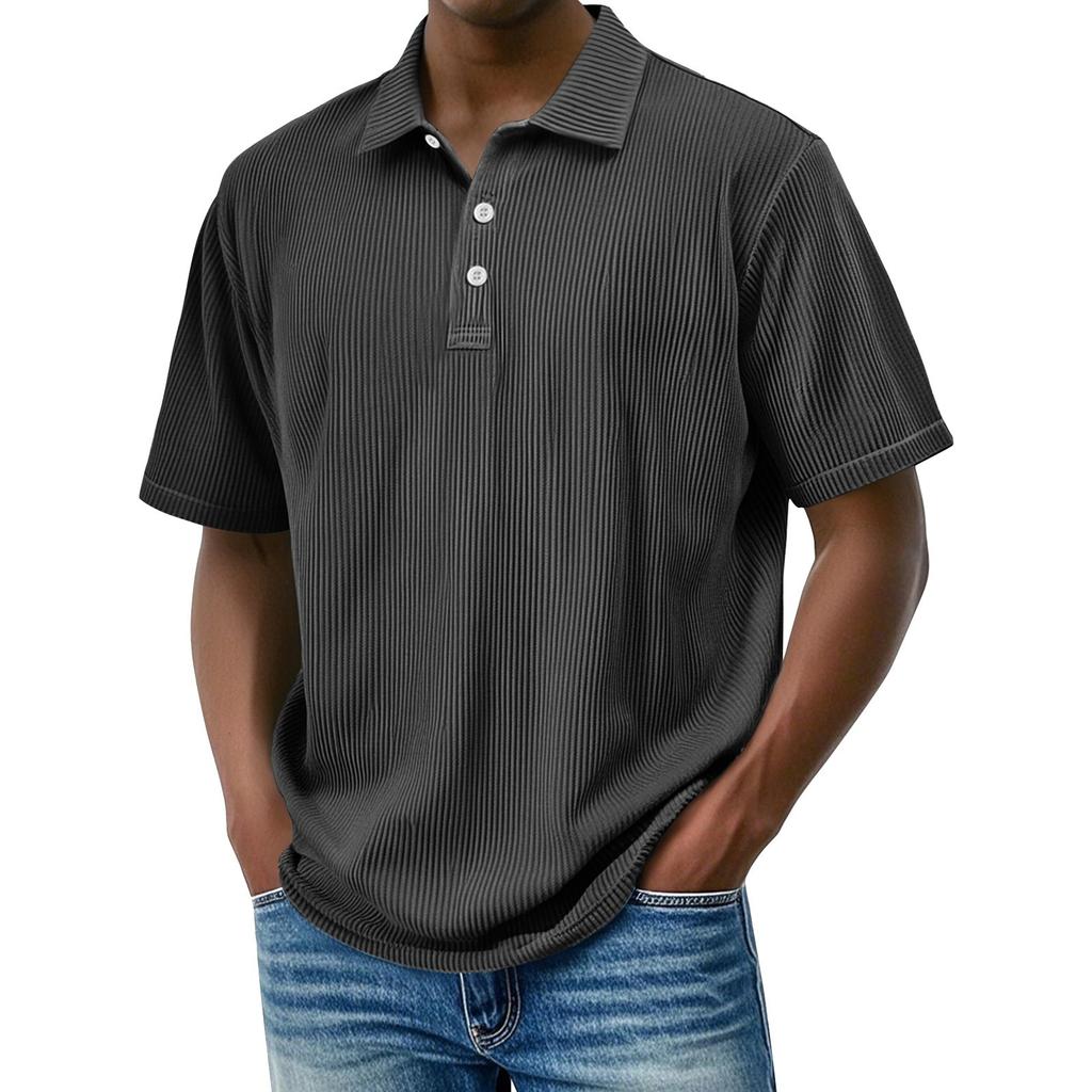 Pánské letní jednobarevné pruhované texturované volné tričko s krátkým rukávem a knoflíkovým límečkem