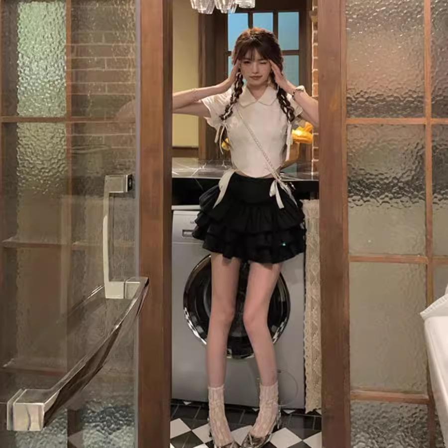 Korean-Style Summer Women's Two-Piece: Bow Tie Strap Top & Waist-Cinching Lace Ruffle Skirt