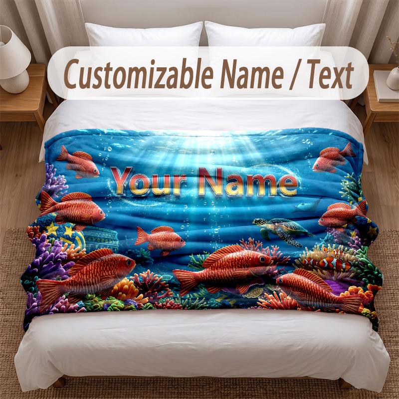 Fish Ocean Theme Soft Blanket Personalized Custom Name Text Print Warm Blanket Home Sofa Bedroom Decor