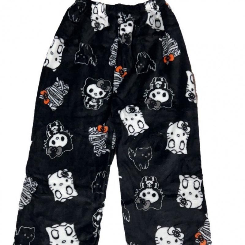 Cartoon Cat Christmas Flannel Pajama Pants for Women - Cozy Winter Kitty Fleece Lounge Wear