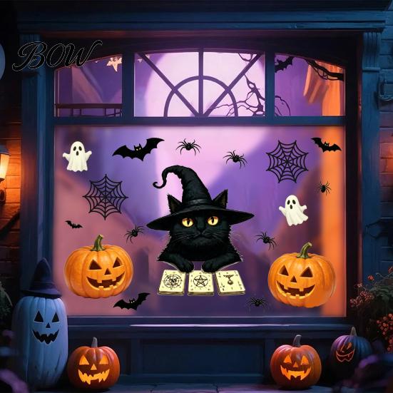 Waterproof Static Clings Cute Black Cat Halloween Window Clings, Pumpkin Ghost Bat Spider Home Ornament Decals, Non-Adhesive Glass Stickers