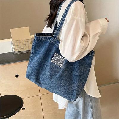 Fashionable Denim Tote Bag Stylish Shoulder Bag with Letter Print Casual Handbag for School Commuting
