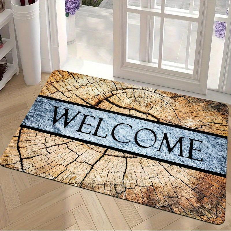 Rustic Welcome Doormat with Tree Stump Design Colorful Flower Printed Entrance Rug Non Slip Indoor Outdoor Mat for Porch